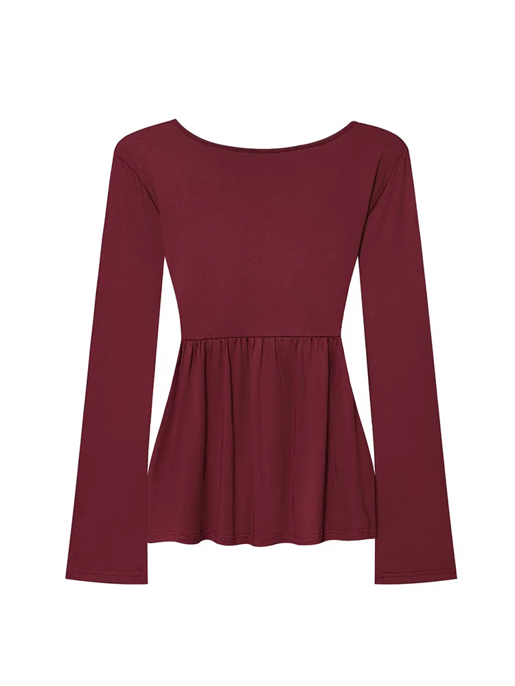 

HH Woman Elegant V-Neck Knot Decoration Pleated Long Sleeves Waist Tops Female Versatile Commuting Zipper Summer Solid T-shirt