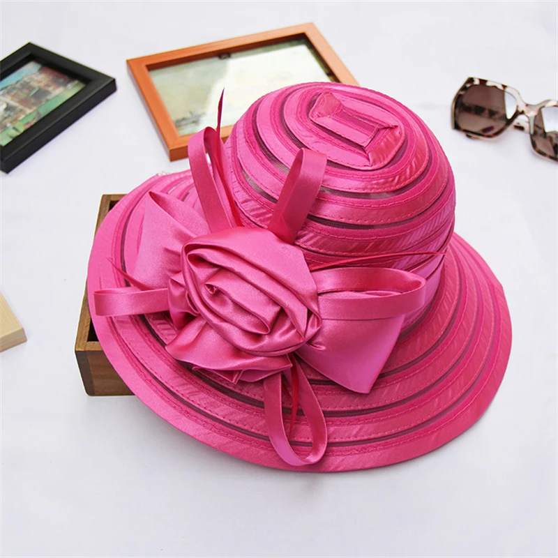 Women Organza Sun Hats Elegant Ladies Bucket Hat Wedding Church Party Hat Fashion Summer Wide Brim Big Floral Fedora Hat