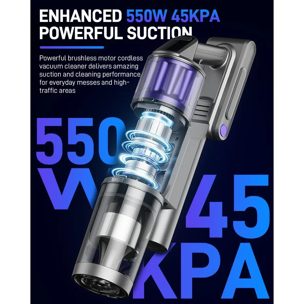 مكنسة كهربائية لاسلكية، مكانس كهربائية للمنزل، 45KPA 550W عصا محمولة محمولة 60 دقيقة وقت التشغيل بطارية قابلة للشحن للحيوانات الأليفة