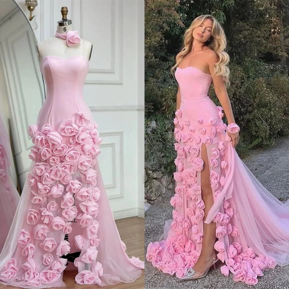 

Customized Exquisite Pink Jersey Evening Dress Delicate Strapless Sleeveless Zipper Back Side Slit Flowers Homecoming Dress