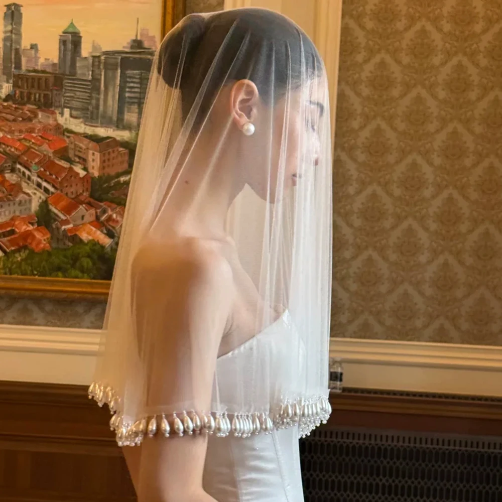 Drop Pearls Wedding Veil Without Comb 1T Bridal Veils Short Elegant Wedding Veils image 4