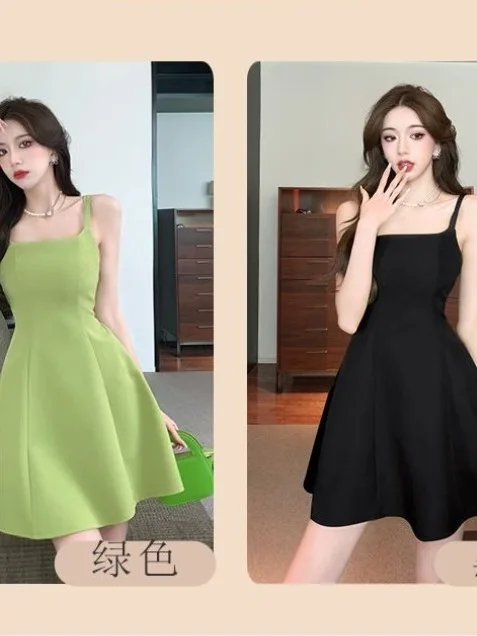 French Sling Dress Women's Summer With A High-end Feel Hepburn Style Square Neck Dress Slim Fit Waist Solid Color GK6V