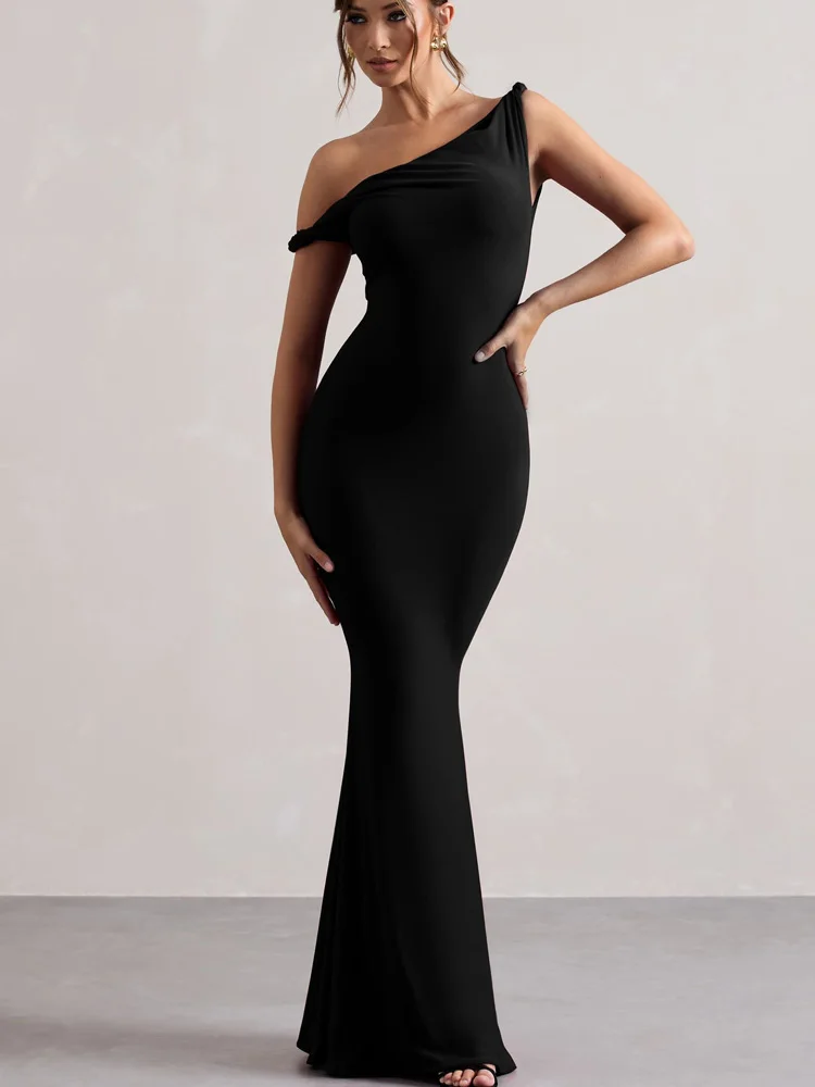 Moda mujer Sexy ceñido al cuerpo vestido de noche con cuello oblicuo elegante fuera del hombro sin mangas vestidos largos de fiesta nueva ropa de Color sólido