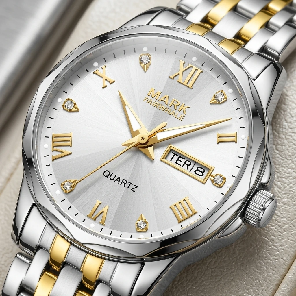 MARK FAIRWHALE Ladies Quartz Watch Round Dial Day Date Display Stainless Steel Bracelet Elegant Female Business Wristwatch