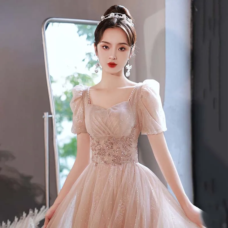 

New Short Sleeves Evening Dress Elegant Lace Up Floor Length Appliques A-Line V-Neck Plus size Woman Formal Party Gowns A2513