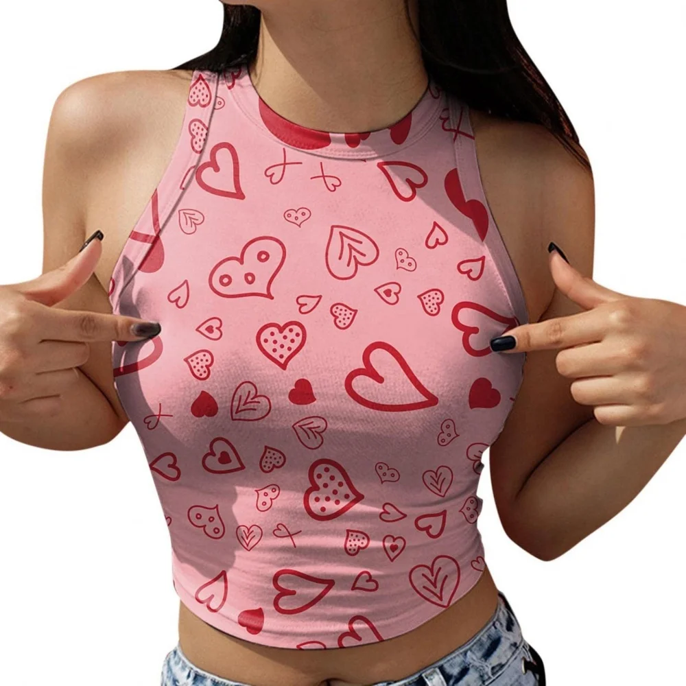 Modisches Herzmuster, sexy, bauchfreies, ärmelloses Damen-Top, Street-Harajuku-Stil, bequemer Rundhalsausschnitt, Damen-Sport-Tanktops – Detail 7