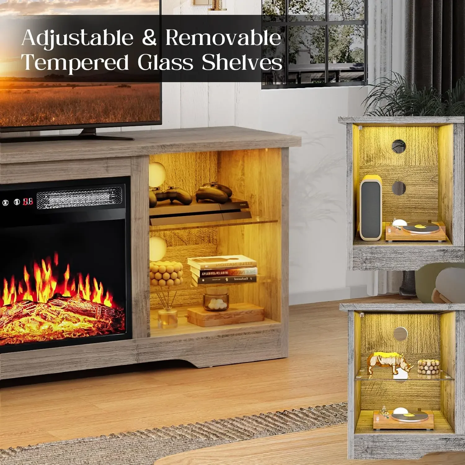 حامل تلفزيون مدفأة مقاس 58 بوصة لأجهزة التلفاز حتى 65 بوصة مع مدفأة كهربائية وجهاز تحكم عن بعد مقاس 18 بوصة، ترفيه خشبي حديث