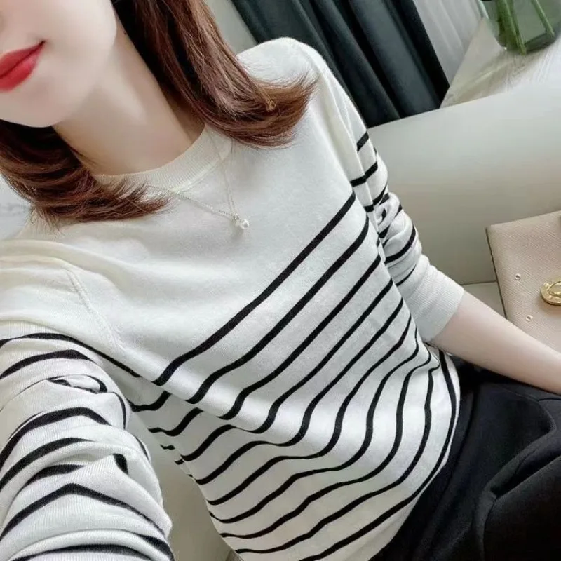 Autumn and Winter Women\'s Pullover Round Neck Stripe Contrast Screw Thread Long Sleeve Sweater Knit Fashion Casual Elegant Tops