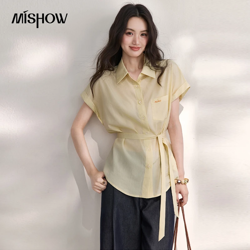 

MISHOW Women's Blend Tie Waist Shirt 2026 Summer Bat Short Sleeve Lapel Top Embroidery Pocket Commuter Casual Shirts MXF27C2504