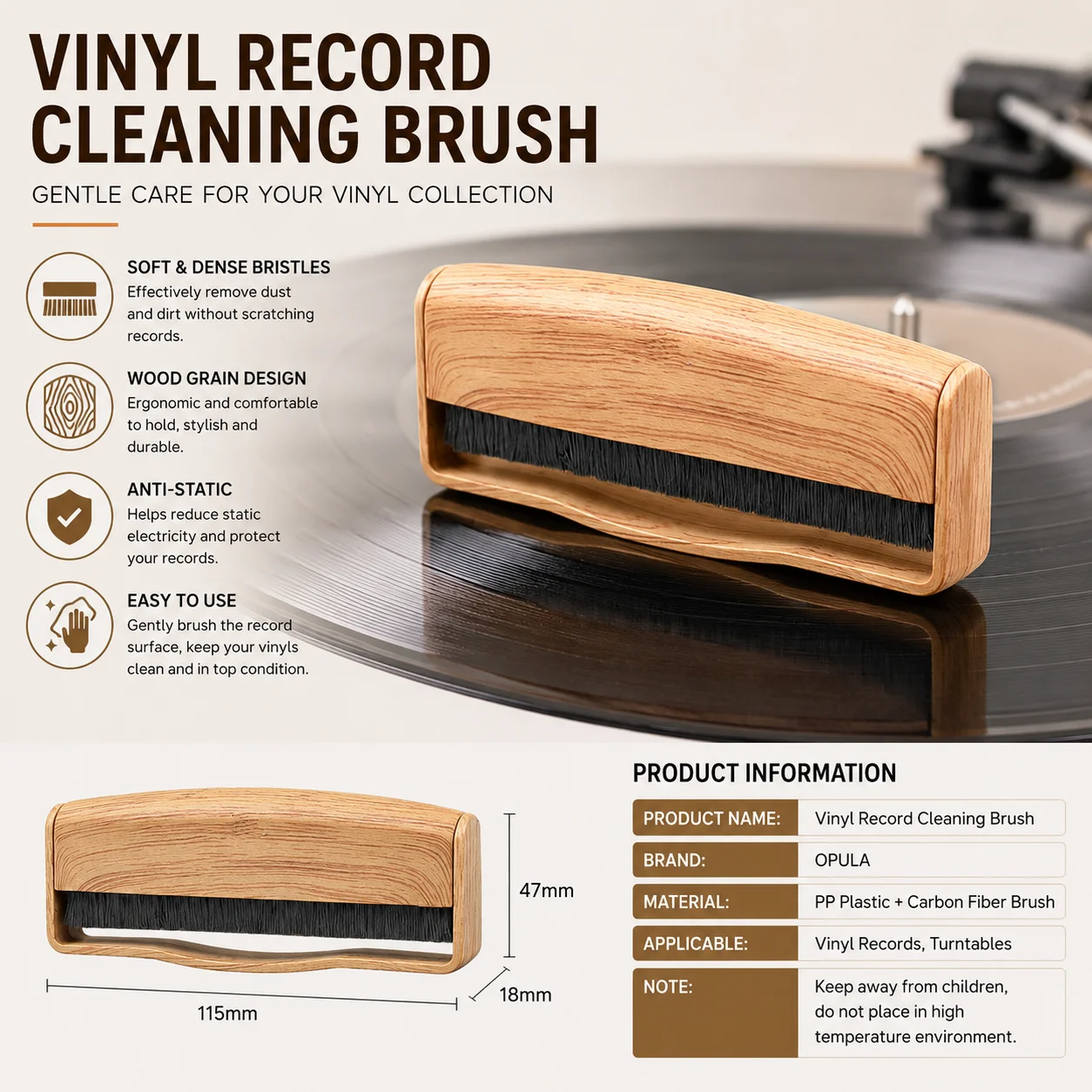 Anti Static Vinyl Record Cleaning Brush Soft Bristle LP Turntable Dust Remover Wood Handle Phonograph Maintenance Cleaner Tool
