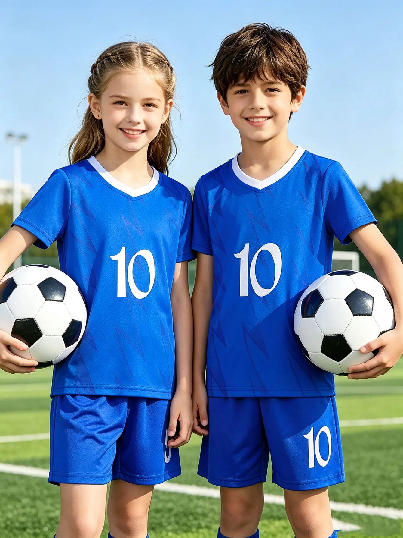 2-Pcs Kids Custom Soccer Jersey Set Eco-Friendly Blue V-Neck Recyclable Fabric with Personalized Name And Number for 3-13Y Footb