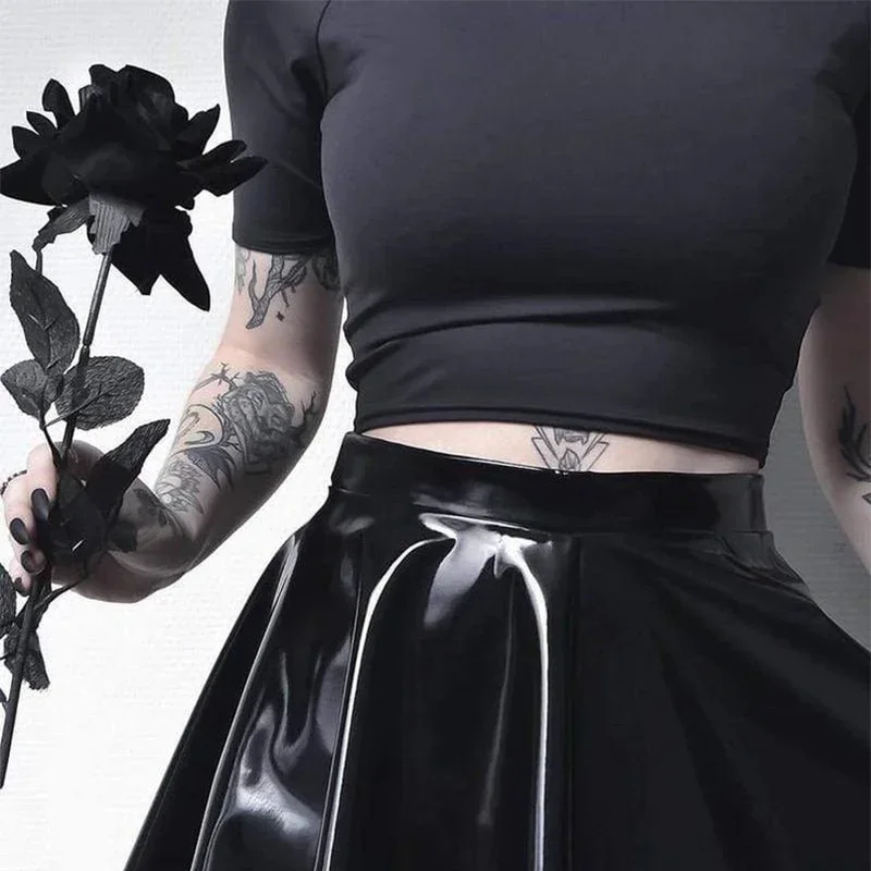 Shiny Patent Leather A-line Skating Skirt Women Gothic PVC Pleated Skirt Ladies High Waist Faux Latex Mini Skirt Custom Clubwear