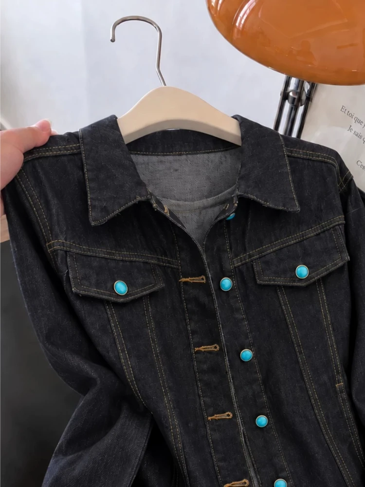 Denim Jacket Women Vintage Raw Contrast Blue Button Flap Pocket Cropped Slim Fit Daily Versatile Chic Modern Stylish Outerwear