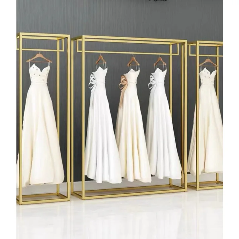 High-end wedding store shelves Floor-to-ceiling clothing Gold special studio dress Display hangers