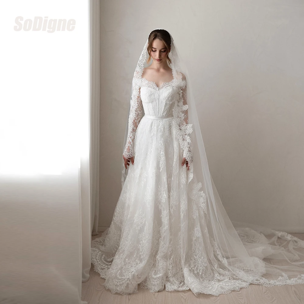 

﻿ SoDigne A-line Off Shoulder Lace Wedding Dresses Long Sleeves Bridal Dress 2026 Boho Bride Gown vestidos de novia Customized