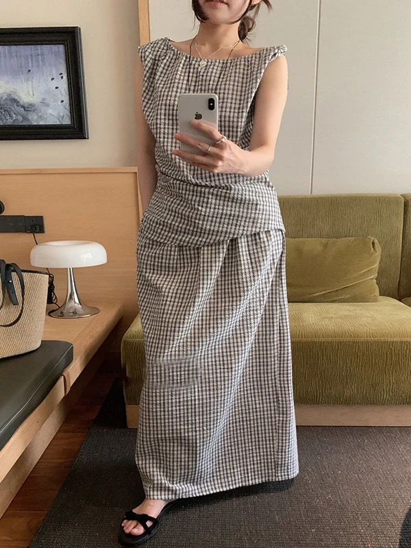 

Женский летний свободный комплект из жилета и юбки со сборками на талии ort Sve round Ne, комплект из двух предметов, асимметричный клетчатый дизайн