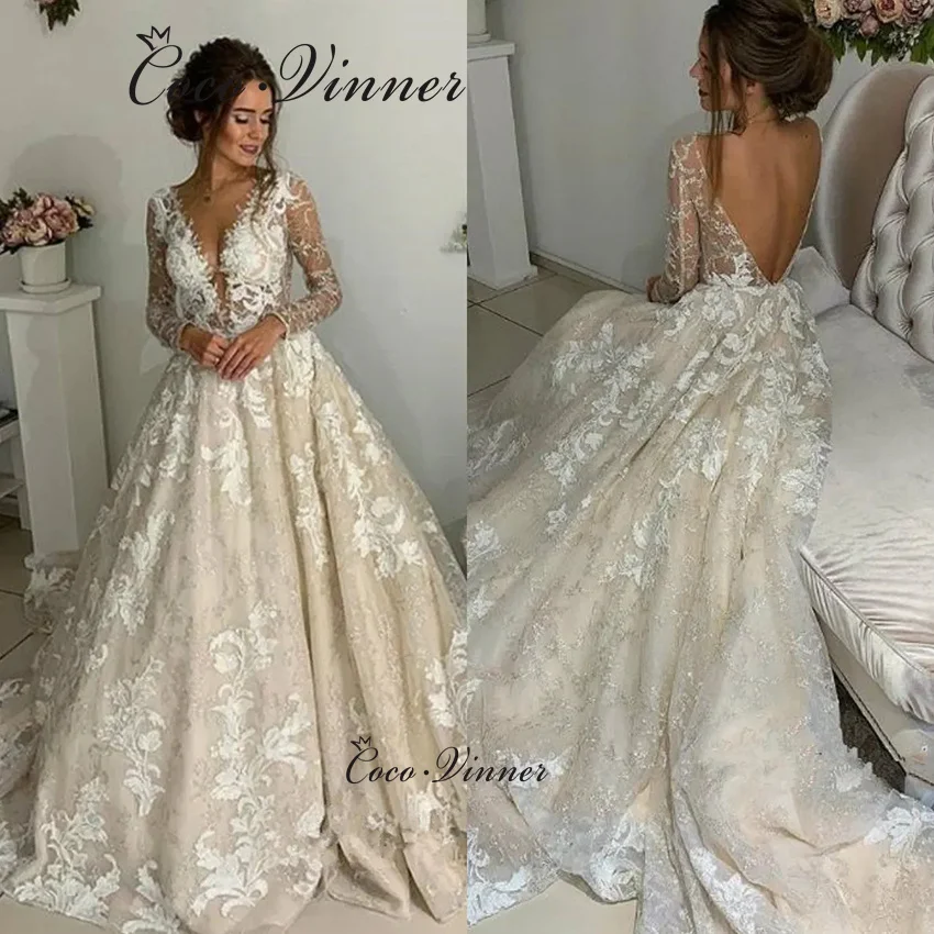 Personalizado Europa Sexy vestido de novia sin espalda 2025 nuevas mangas completas cuello en V una línea vestidos de novia bohemios Apliques de encaje W1395