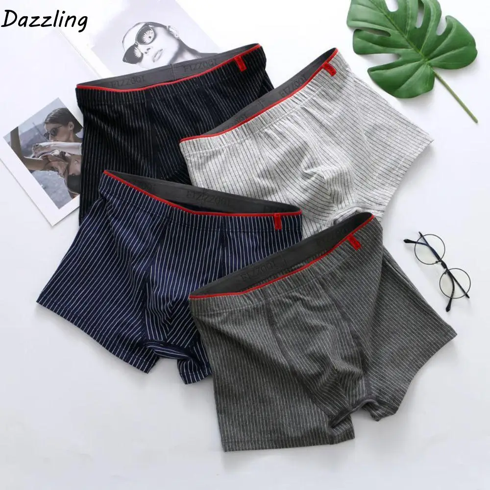 

4PCS Breathable Stripe Men's Flat Panties Low Waist Loose Men Boxer Large Size Underpants Underwear for Man Man