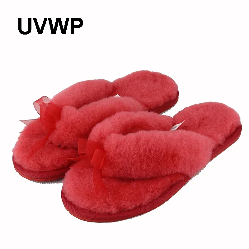 UVWP 100% Natural Sheepskin Fur Slippers Fashion Female Winter Slippers Women Warm Indoor Slippers Soft Wool Lady Home Shoes