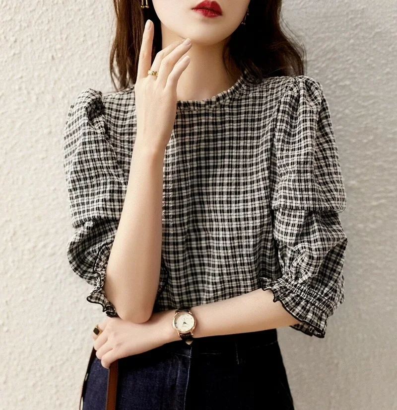 Black Clothes Plaid Womens Shirt & Blouse Tops For Women Pattern Korean Style Offer Comfortable Summer 2024 Novelties M S Tall