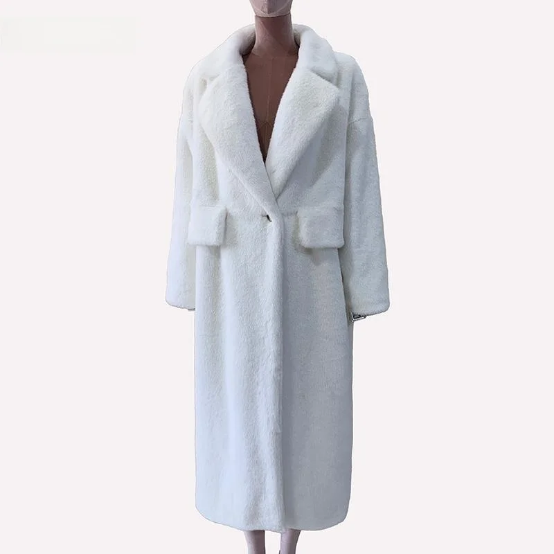 

Nerazzurri Women's Long Loose Fur Coat White Fur Jacket Eco-friendly Winter Outerwear Youth Fashion Thickened Korean Style