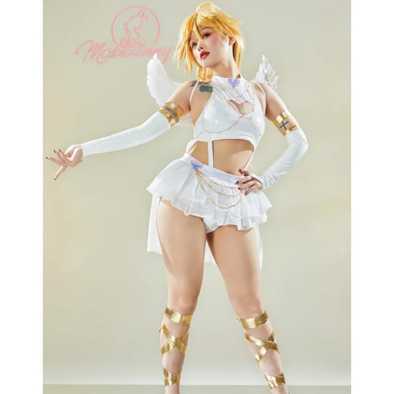 Mobbunny Women Stocking Derivative  Sexy Lingerie Set Hollow Halter Bodysuit and Mini Skirt with Wings Sleeves Cosplay Costume