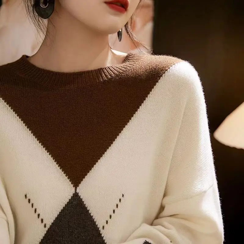 Woman\'s Sweaters Autumn Winter New Sytle Long Sleeve Casual Coats Female Pullover O-Neck Patchwork 100% Wool Knitted Tops Jumper