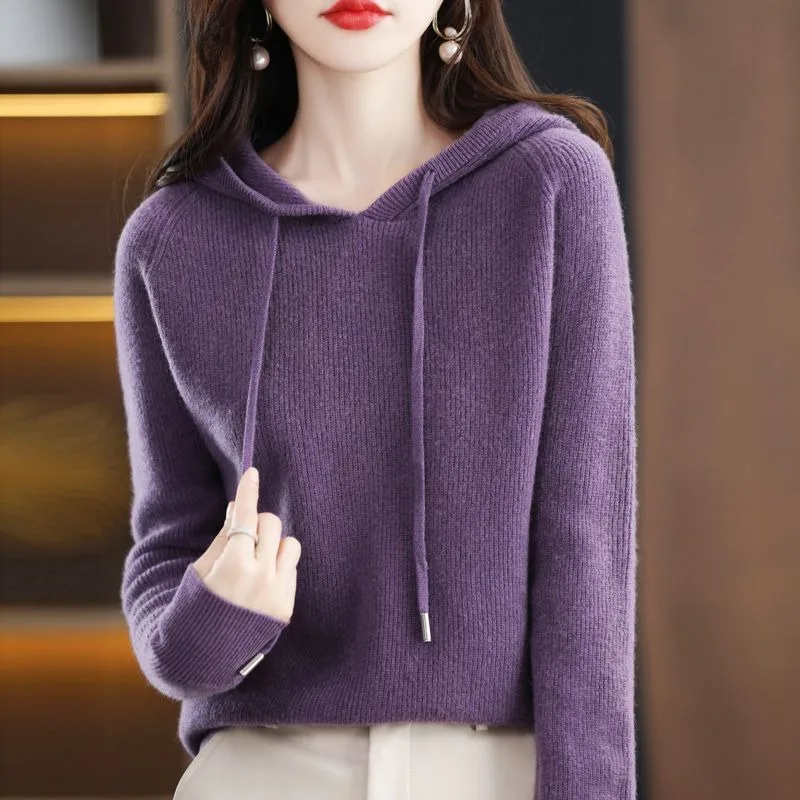 Hooded Sweater Korean Fashion Women Autumn Long Sleeve Knitted Pullovers Long Sleeve Knit Top Gray Green Purple Beige Blue Red
