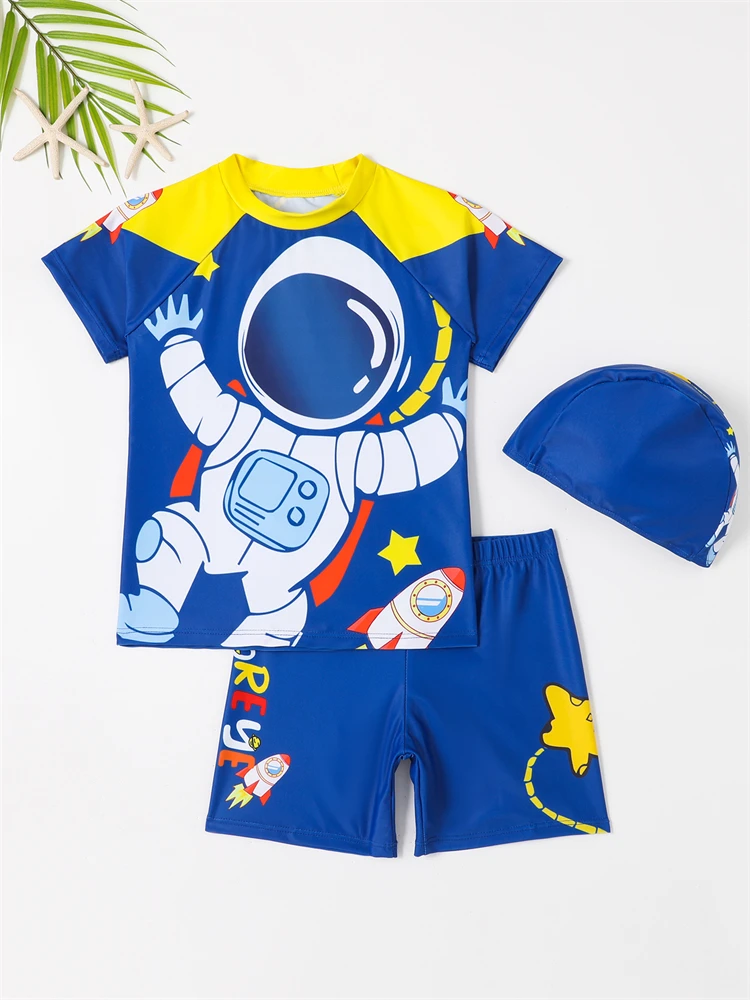 

Boy Kids Swimsuit 2024 New Blue Astronaut Short Sleeves Split Children Swimwear Summer Boxer Shorts Beach Bathing Suit Swimming