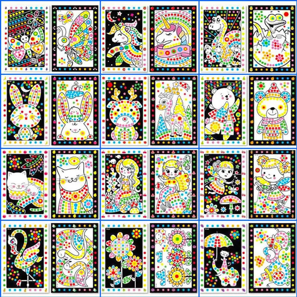 Child Self-adhesive Drawing Stickers Puzzle Dot Drawing Mosaic Animal Princess Children Game DIY Dot Star Art Craft Training Toy