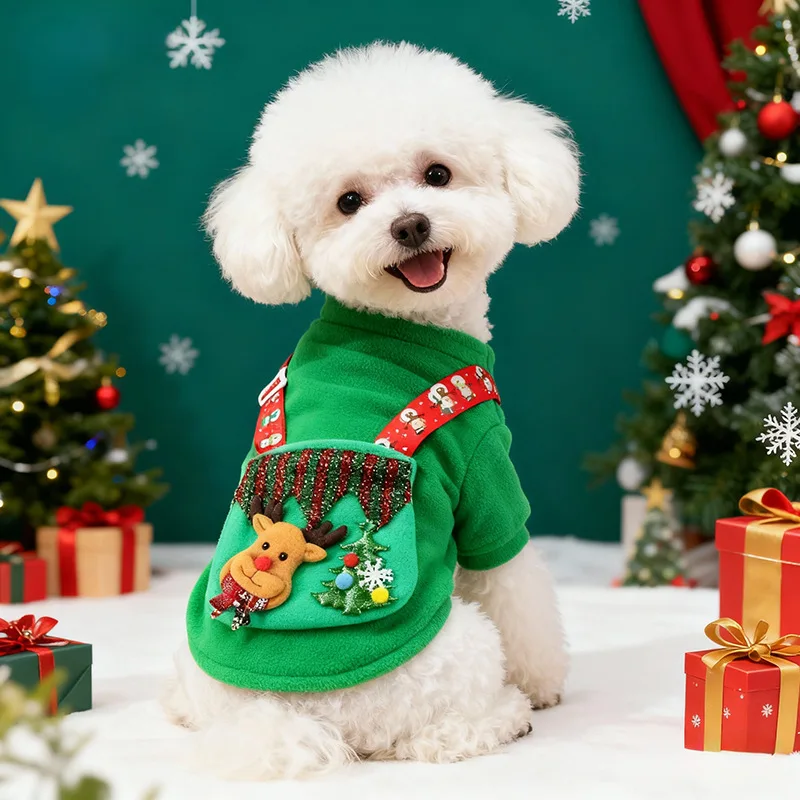 Christmas Tree Costume Dog Cat Clothes Classic Red Green Color Blocking Elk Plush Suspenders Flannel Hoodies Small Medium Dogs