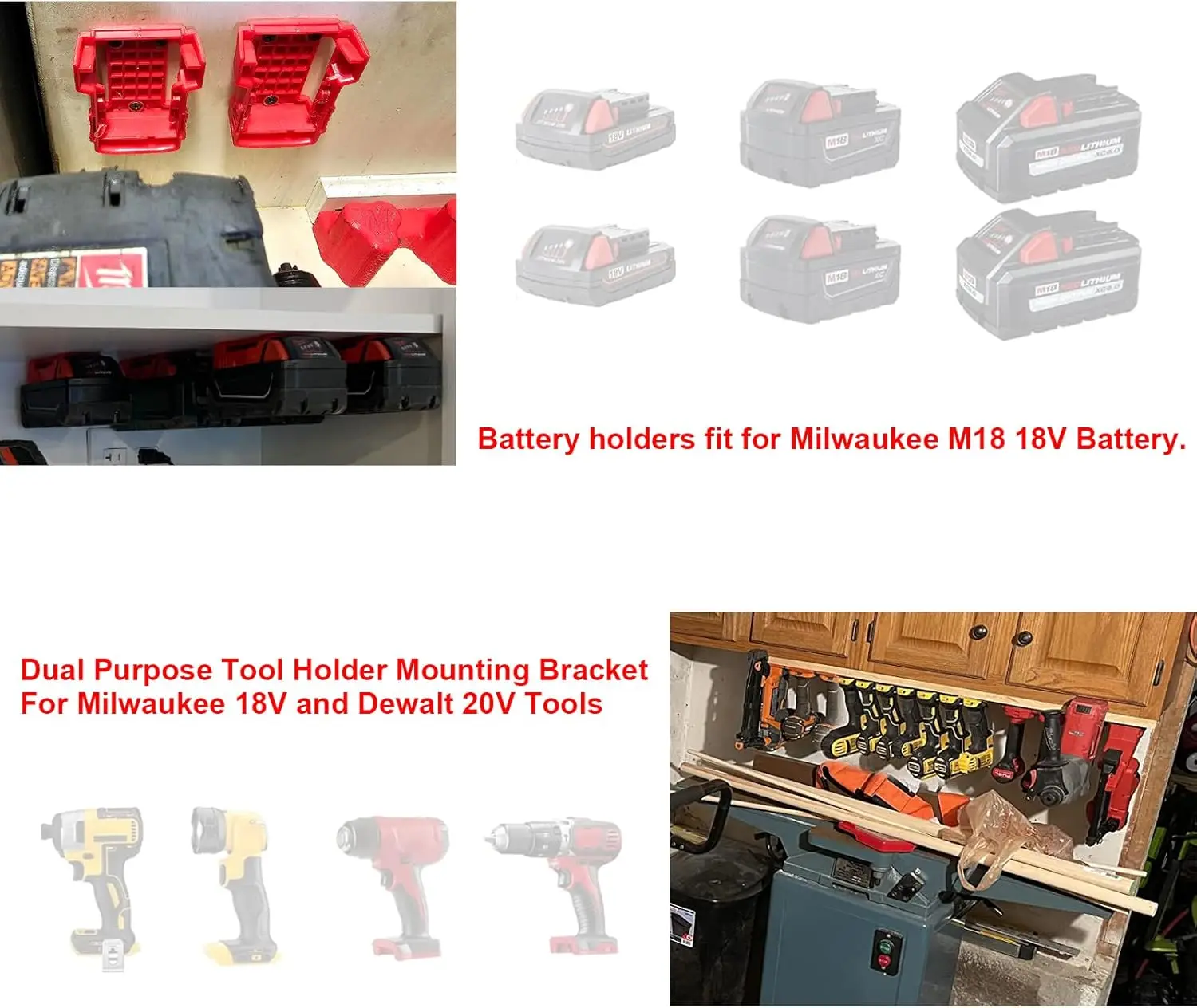 for Milwaukee M18 18V Battery  Tool Holders  Battery Holders Wall Mount Red Drill Tool M8 Holder with Screws