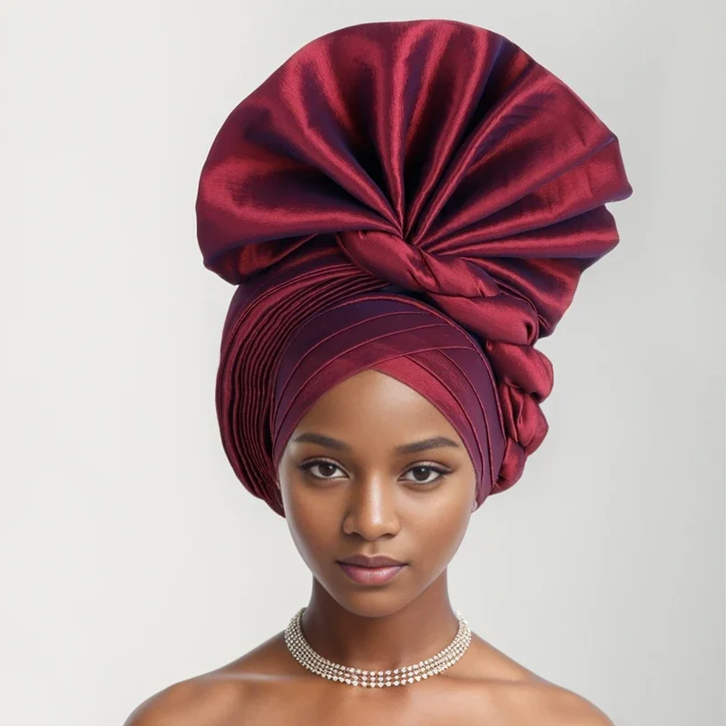 2024 African Female Turban Cap Women's Autogele Headtie Nigeria Raw Silk Fan Gele Wedding Party Head Wraps Headwear Turbante