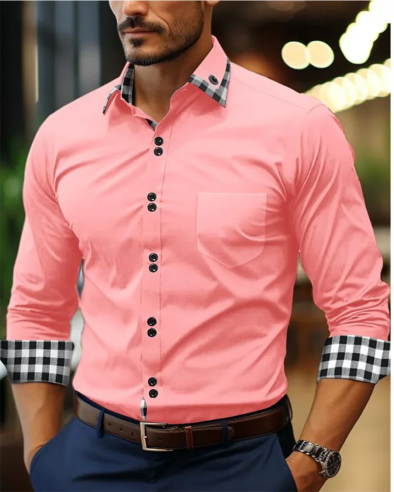 Camicia da uomo camicia abbottonata nero bianco rosa bordeaux manica lunga plaid color block risvolto patchwork abbigliamento moda casual 6XL