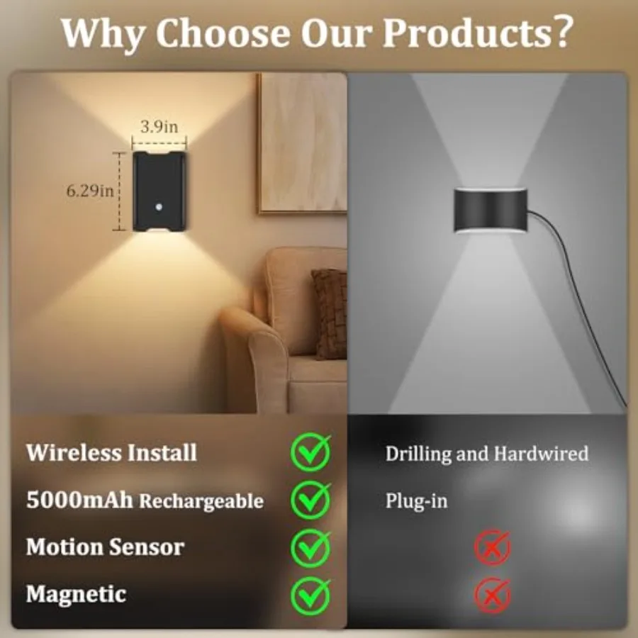 Battery-Operated Motion Sensor Wall Light: 5000mAh Rechargeable Wall Sconce Set of 2 Motion Sensored Closet Light Magnetic Stai