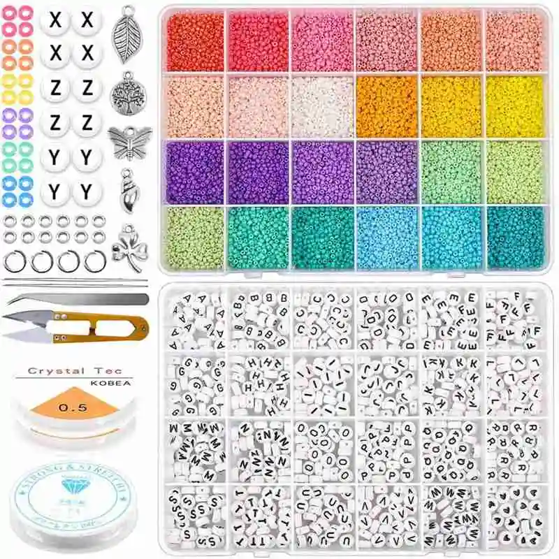 48Grid Glass Rice Beads Kits Colored Round Seed Bead and Alphabet Bead Jewelry Findings Making DIY Beaded Crafts Accessories Set