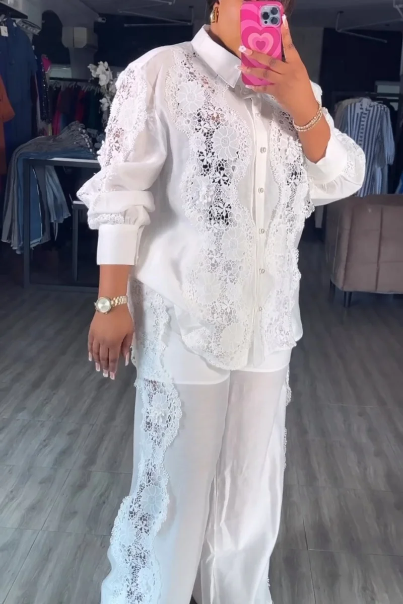 Modische Spitzen-Sets mit 2 Teilen für Damen, Frühlingskleidung, Damen-Outfit mit langärmeligem Hemd und langer Hose, Anzug im OL-Stil, Damen-Sets