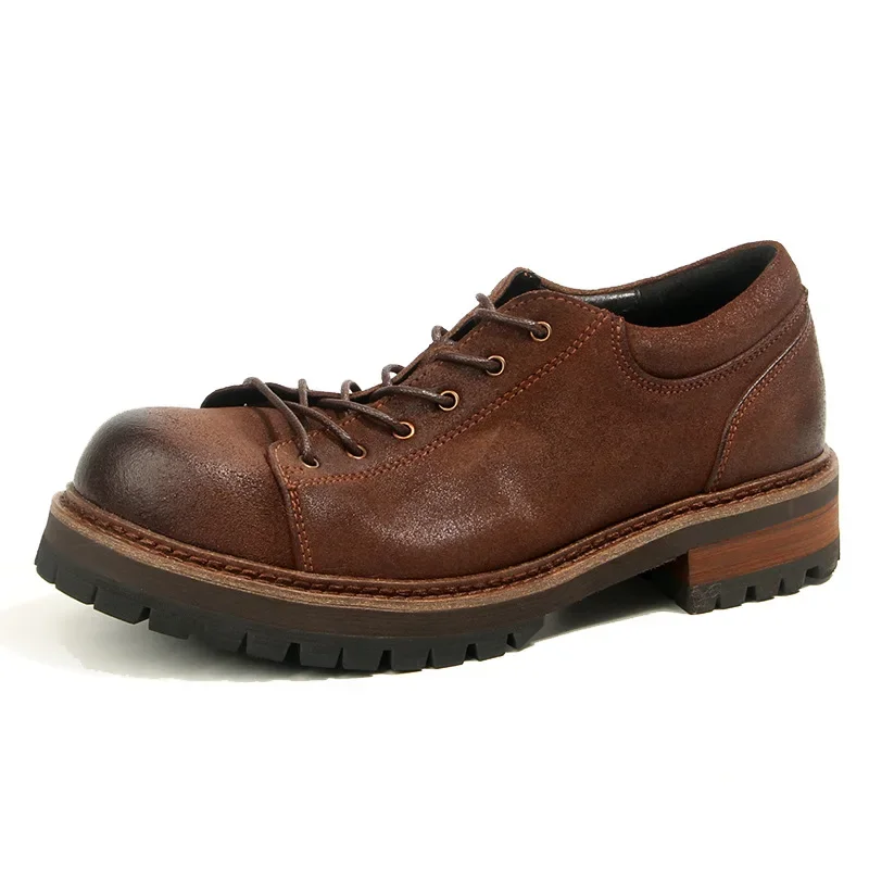 

Oil Wax Matte Big Head Leather Shoes Retro Round Head Tooling Shoes Thick Sole Short Face Casual Shoes