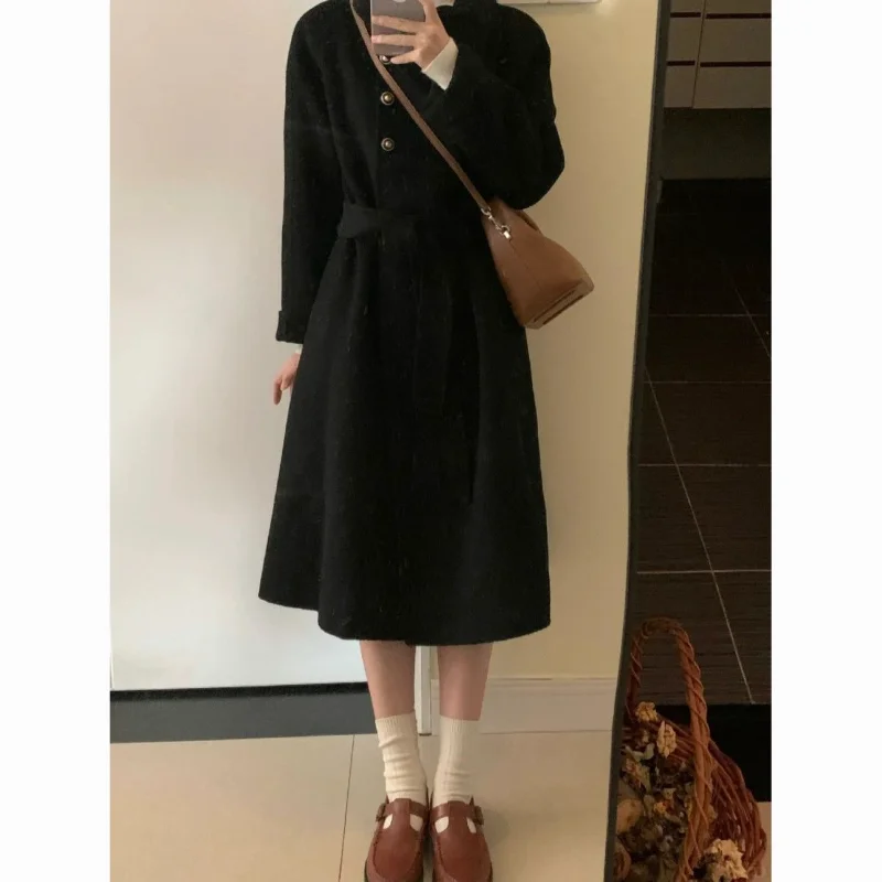 

2025 New Women's Spliced slope Collar Button Pocket Fashion Solid Color Versatile Casual Mid-length Woolen Coat