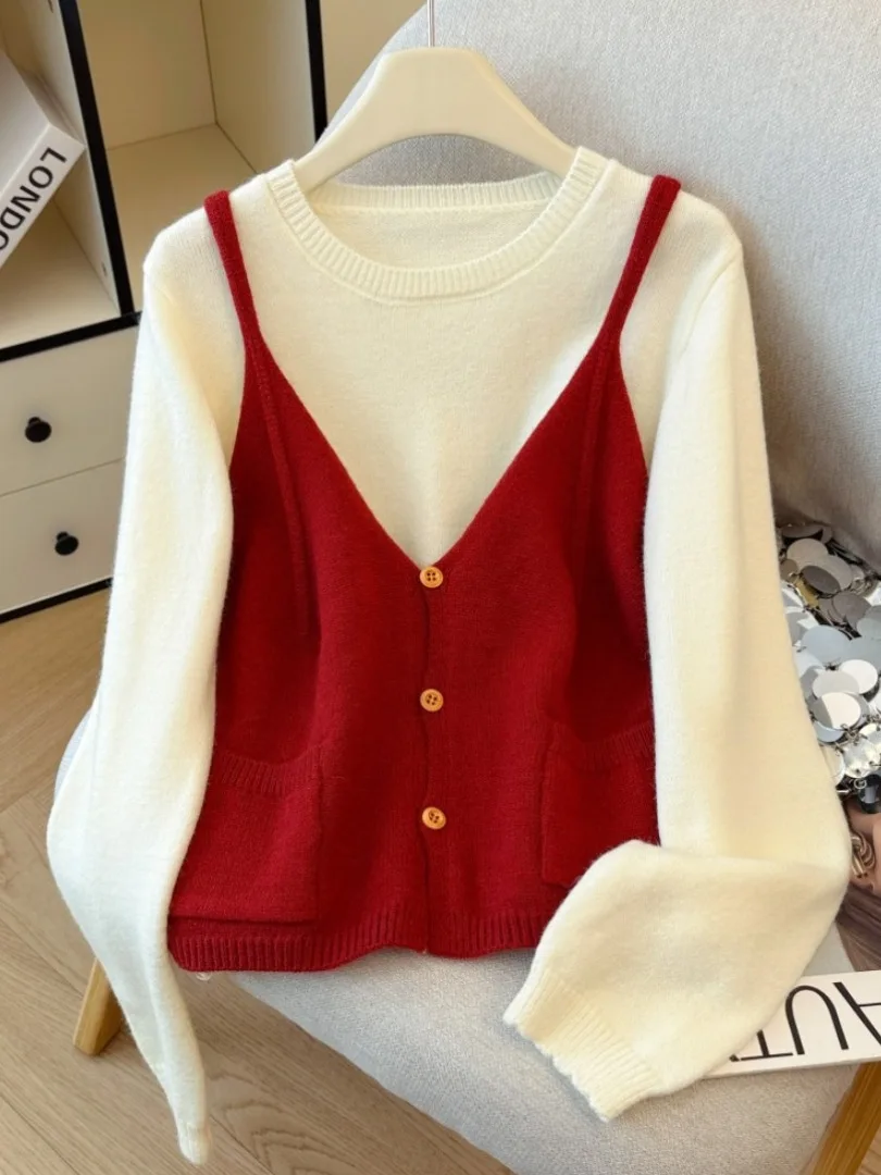 V-Ne Svel سترة علوية نسائية طويلة محبوكة مكونة من قطعتين مجموعة ذاتية الحفاظ على Sle للتنقل الكورية بقصة ضيقة