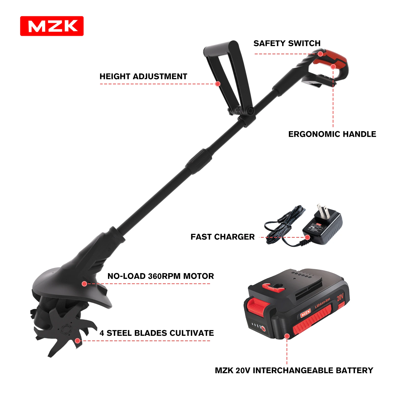 MZK 20V Cordless Tiller Cultivator With Steel Tines, 10-inch Wide Battery Powered Garden Cultivator, 360RPM Electric Tiller For Lawn/Gardening/Soil Cultivation(2 * 4AH Battery&Charger Included) view 8