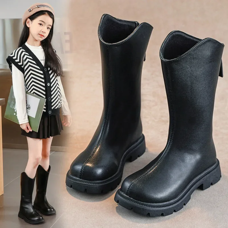 Girls High Boots with British Style Toddler Kids Princess Leather Boots Solid Color Versatile 2024 Children Long Boots Mid-calf