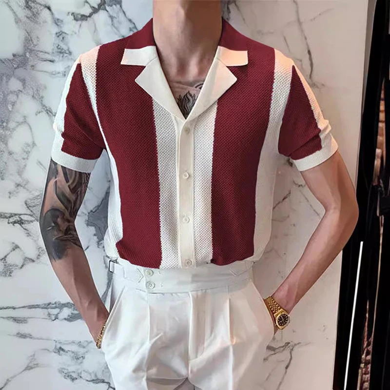 

Knitwear Mens Slim Knit Shirts Vintage Striped Contrast Color Knitted Cardigan Men Tops Summer Short Sleeve Button Lapel Shirt