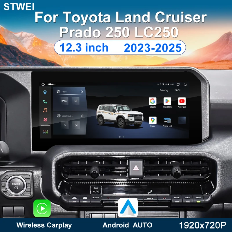 

For Toyota Land Cruiser Prado 250 LC250 2023-2024 Car Radio Multimedia Player 12.3-inch Android 13 GPS Navigation CarPlay