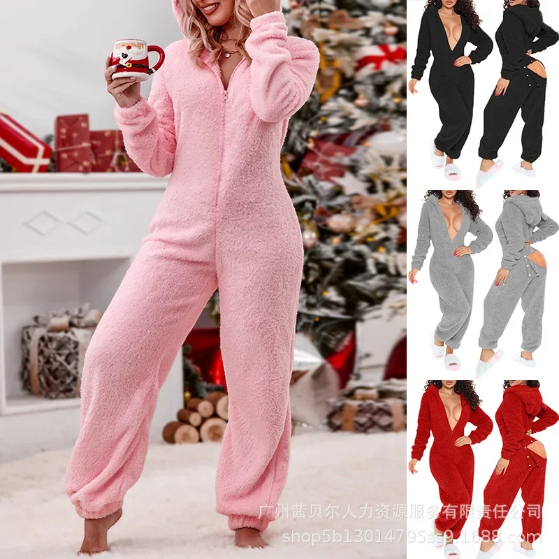 Hooded Trousers Plush Loungewear Pajamas Jumpsuit Women Pajamas Jumpsuits Autumn Long-sleeved Solid Color Zipper Jumpsuits