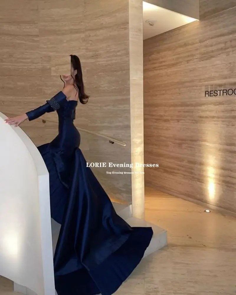 LORIE Elegant Navy Blue Prom Dress Sleeve Beadings Evening Dresses Floor Length Mermaid Sweetheart Celebrity Dresses Party Gowns