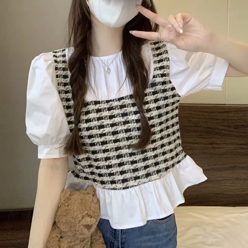Summer Plaid Bubble Sve ort irt Women's Faion Design Casual Cover Belly  Dr Korean Sle round Ne Top
