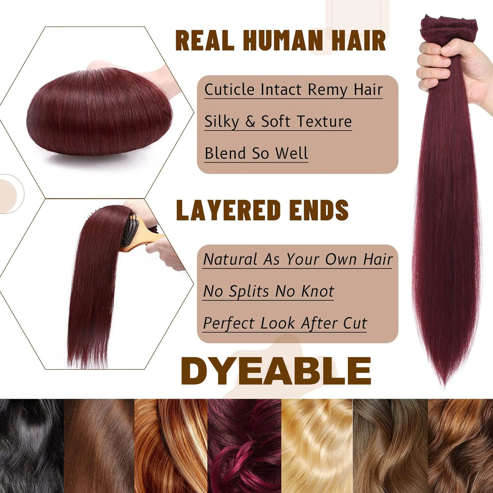 Clip in Hair Extensions Burgundy 99J 100% Real Human Hair 10Pcs Natural Straight 14-24inch Hair Extensions Dark Red For Women