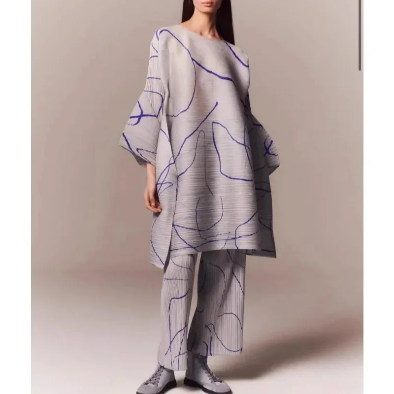 Geplooide lange topjurk voor dames Miyake 2025 herfst beperkte eenvoudige losse rechte broek pak mode commuter Japanse dames