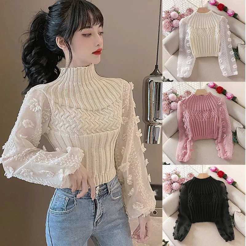 Elegant Mesh Stitching Chiffon Shirt Women Super Fairy Bubble Sleeve High Neck Tight Slimming Short Sweater Knitted Sweater